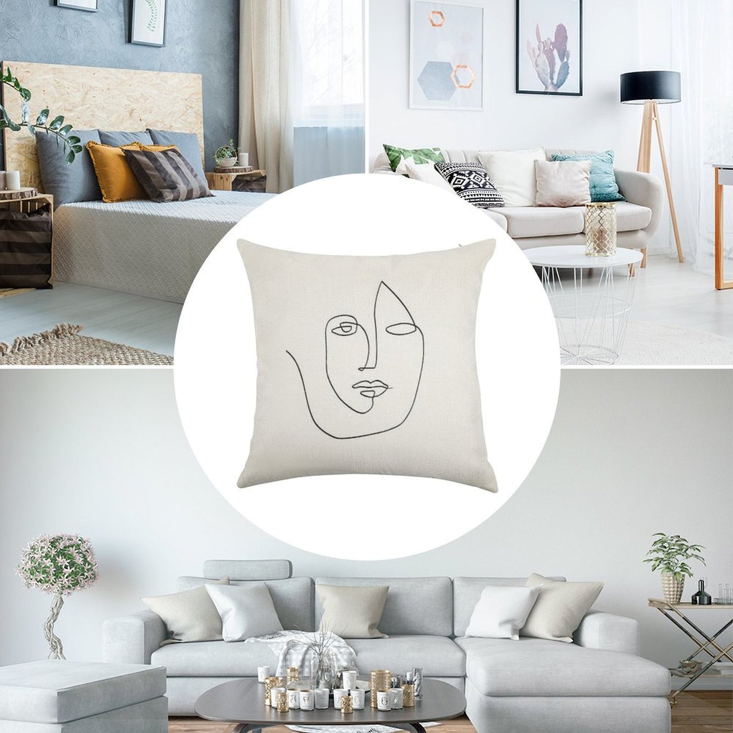 Abstract Face - One Line Art Linen Throw Pillow Cover