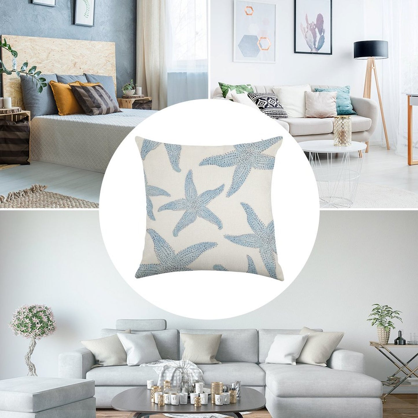 Dancing Blue Starfish Linen Throw Pillow Cover