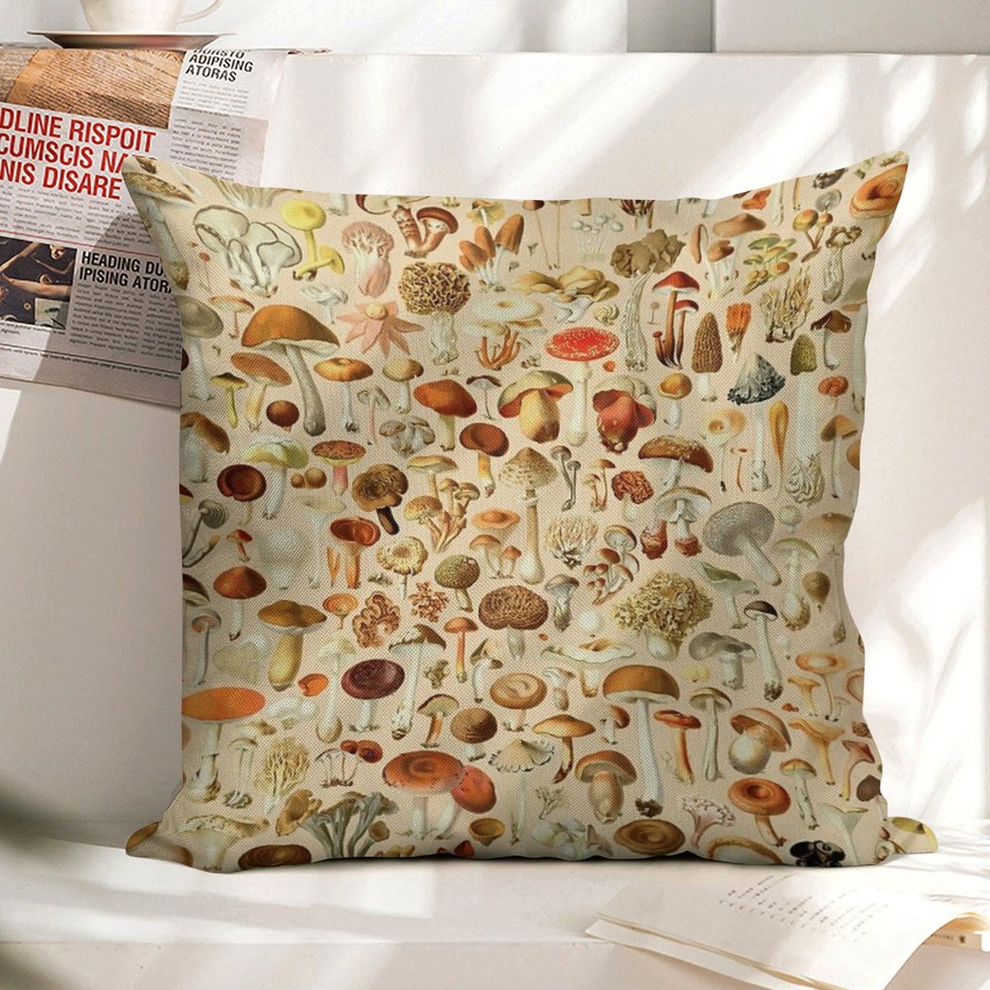 Vintage Mushroom Designs Collection Linen Throw Pillow Cover