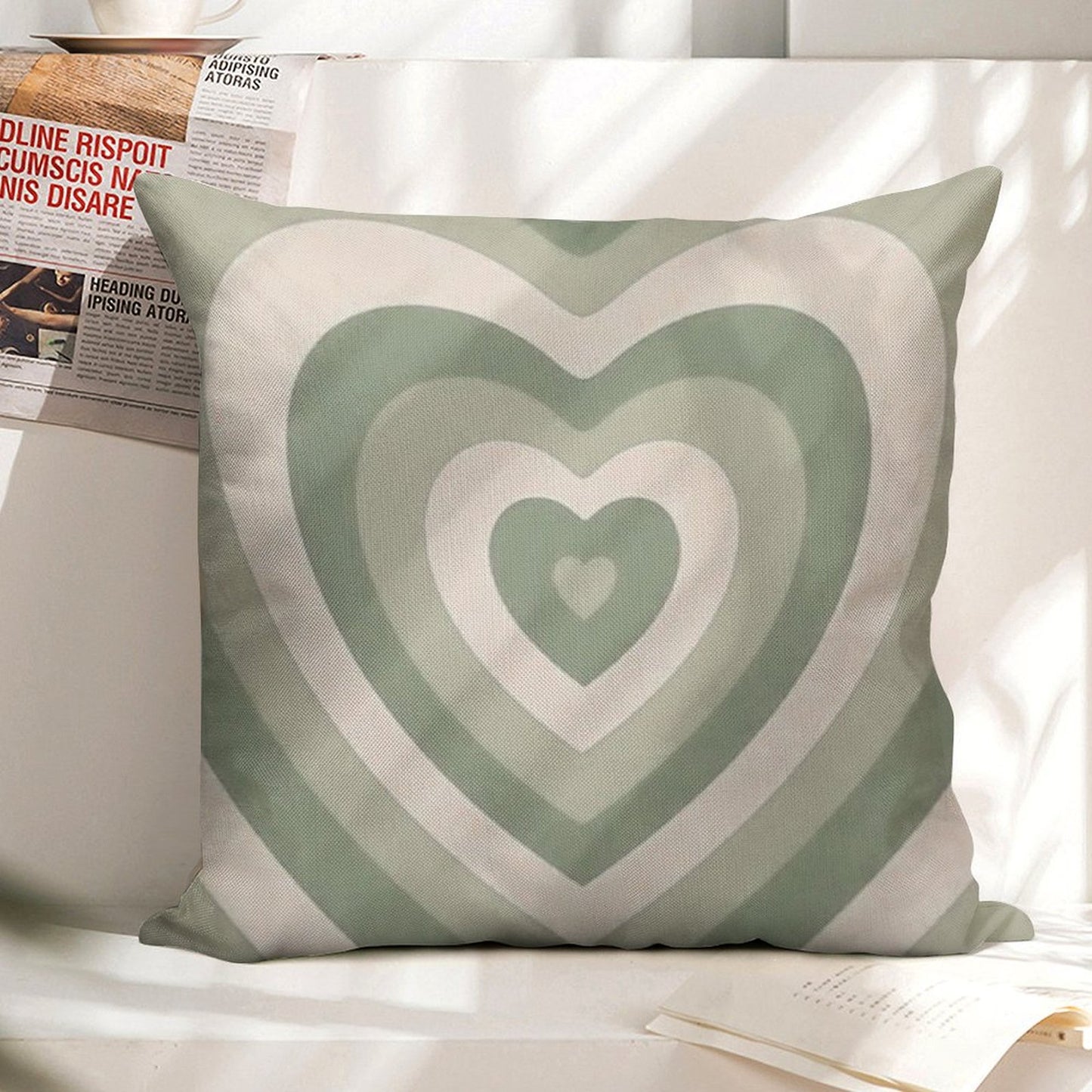 Sage Green Heart Linen Throw Pillow Cover