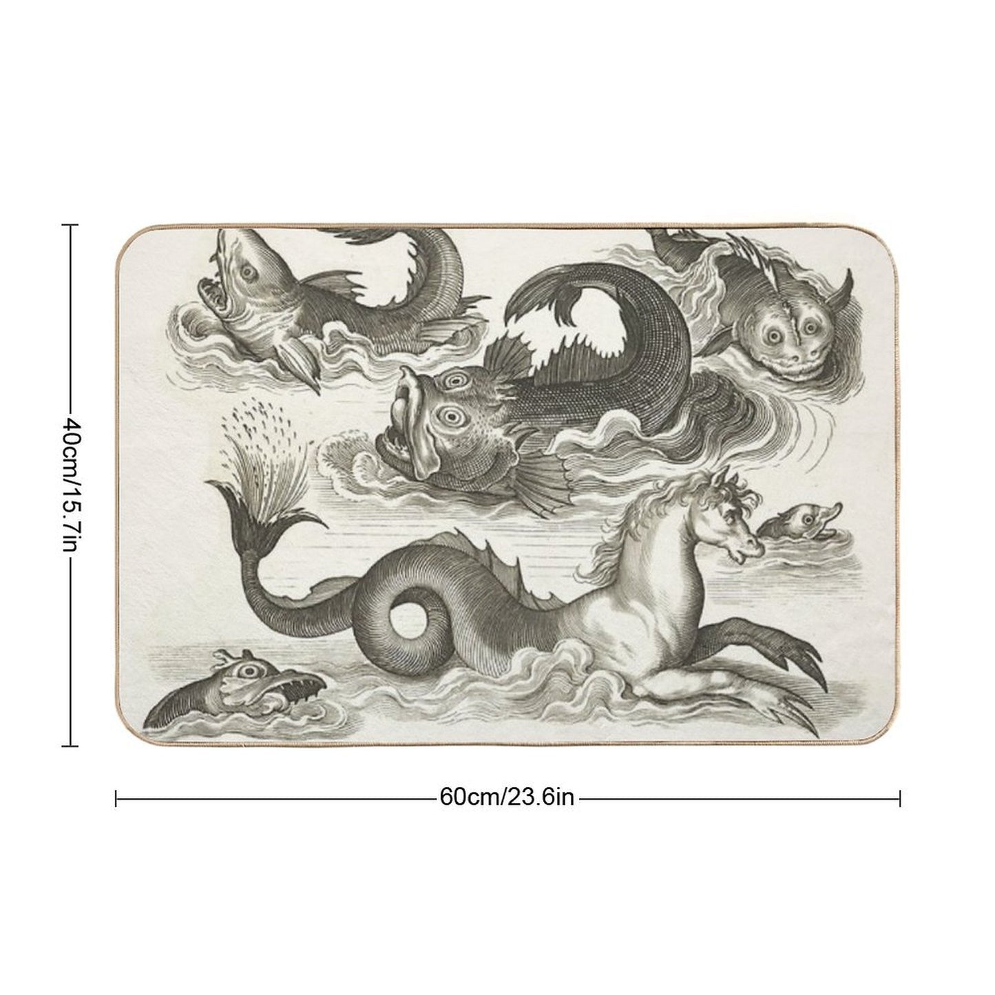 MEDIEVAL BESTIARY,Black White Fantastic Aquatic Animals And Sea Horse of Neptune Bath Mat