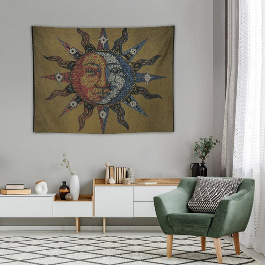 Vintage Celestial Mosaic Sun & Moon Tapestry