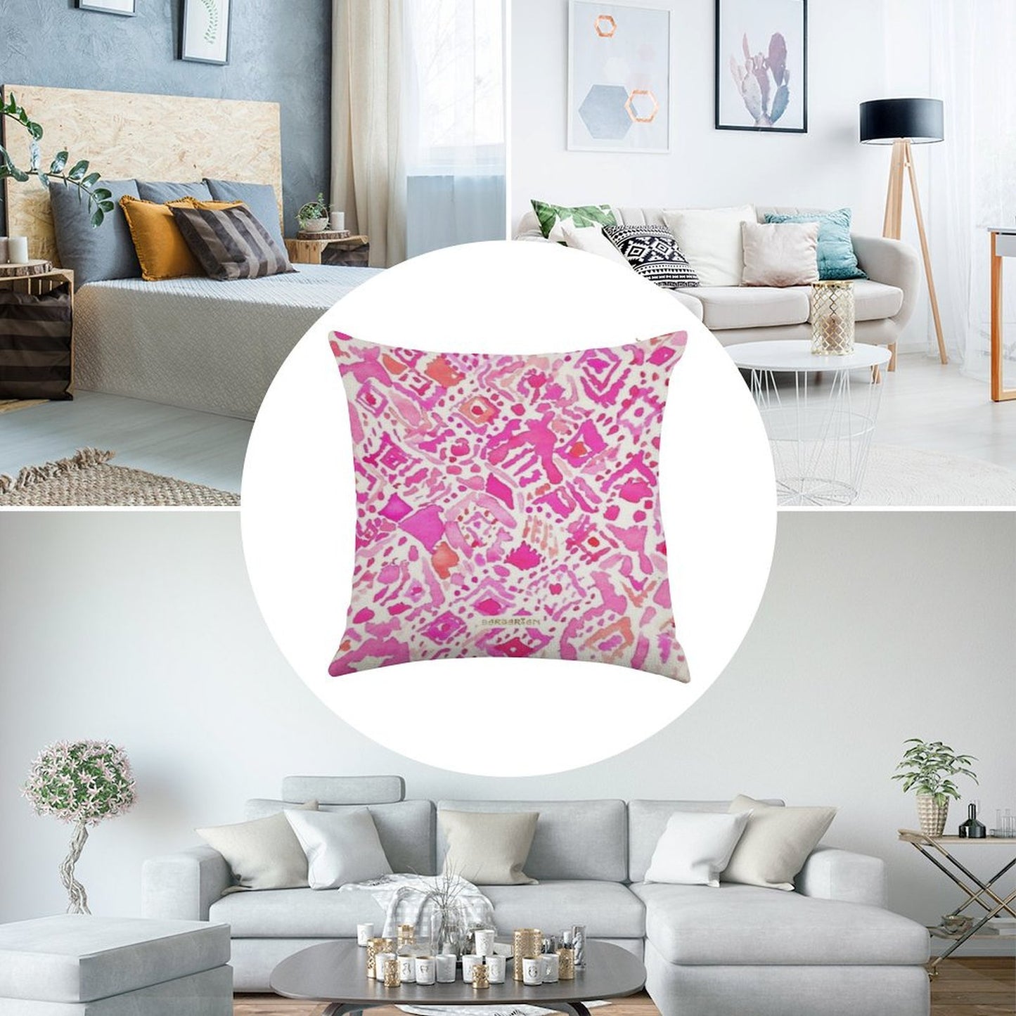 Cute Geometric Pink Linen Throw Pillow Cover