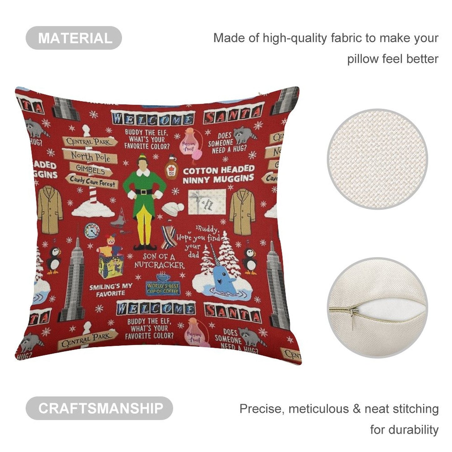 Buddy The Elf Collage, Red Background Linen Throw Pillow Cover