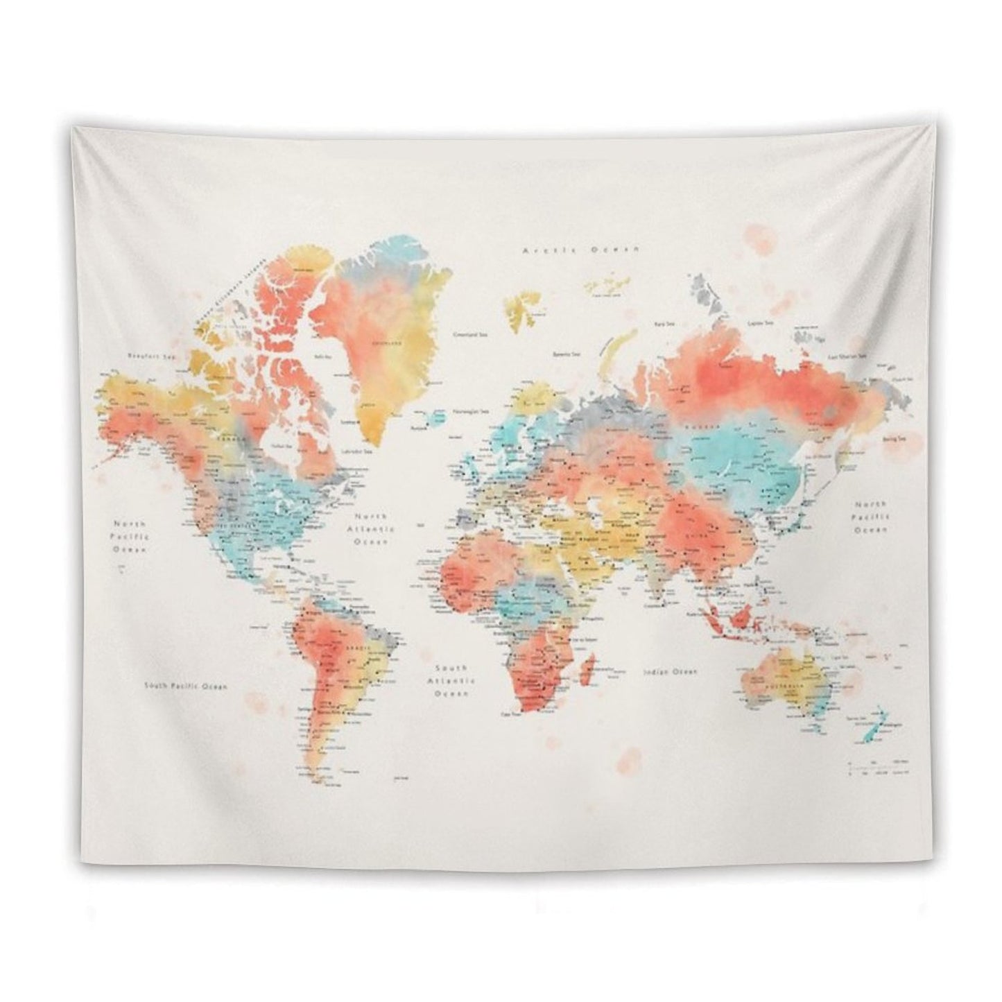 Colorful Watercolor Detailed World Map Tapestry