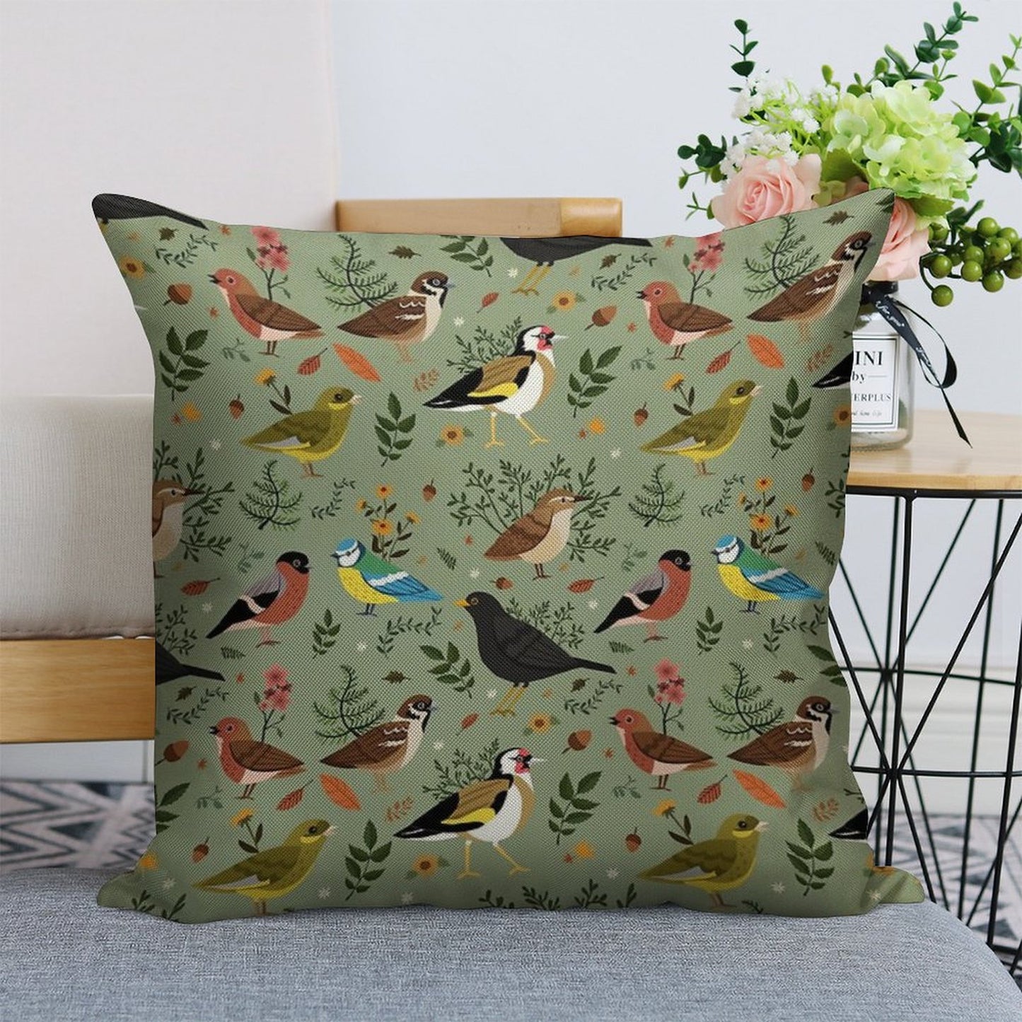 Garden Birds Linen Throw Pillow Cover