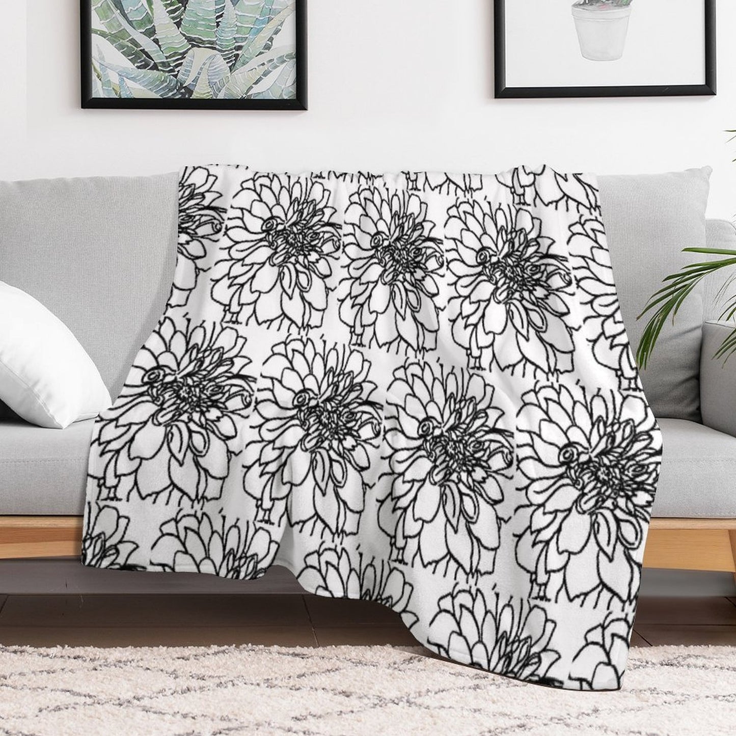 Black And White Dahlia with A Little Bee Throw Blanket