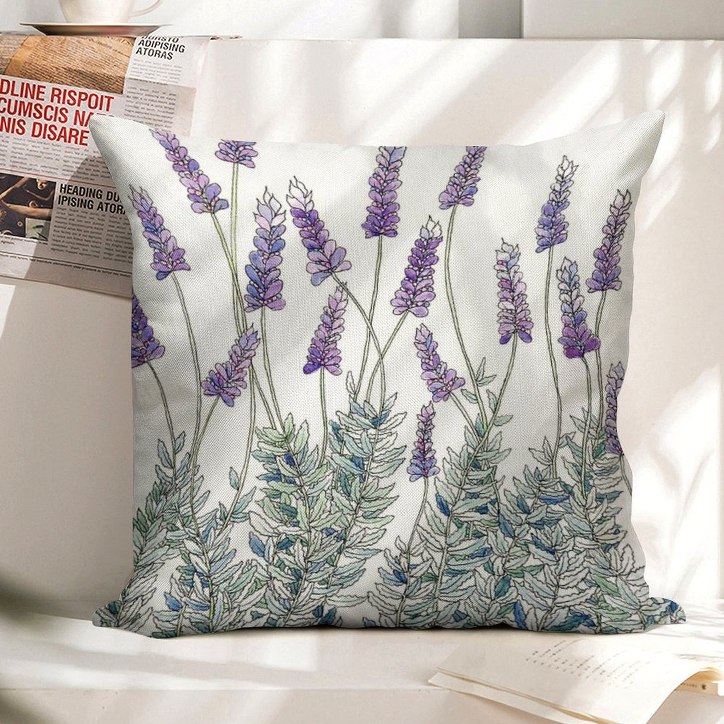 Lavender, Illustration Linen Throw Pillow Cover