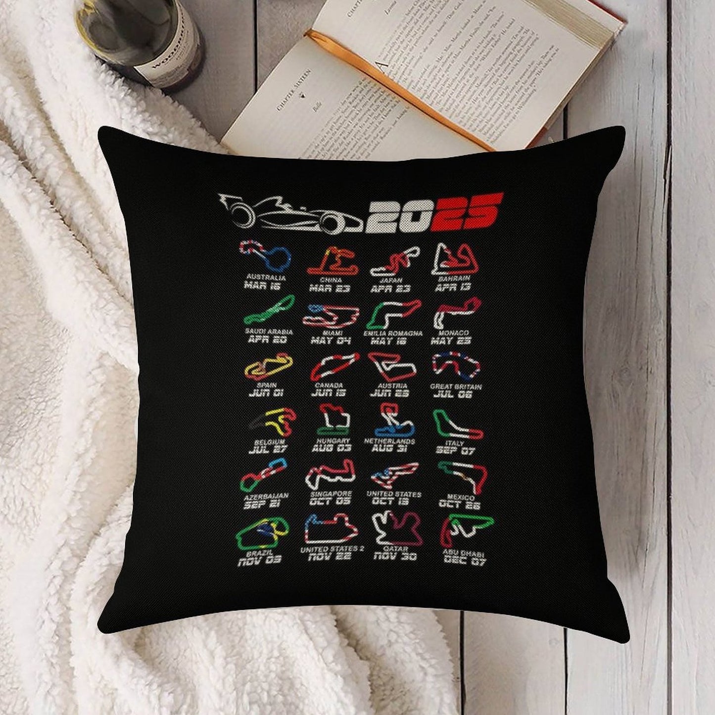 Calendar Formula Race Cars 2025 Circuits Colors Linen Throw Pillow Cover