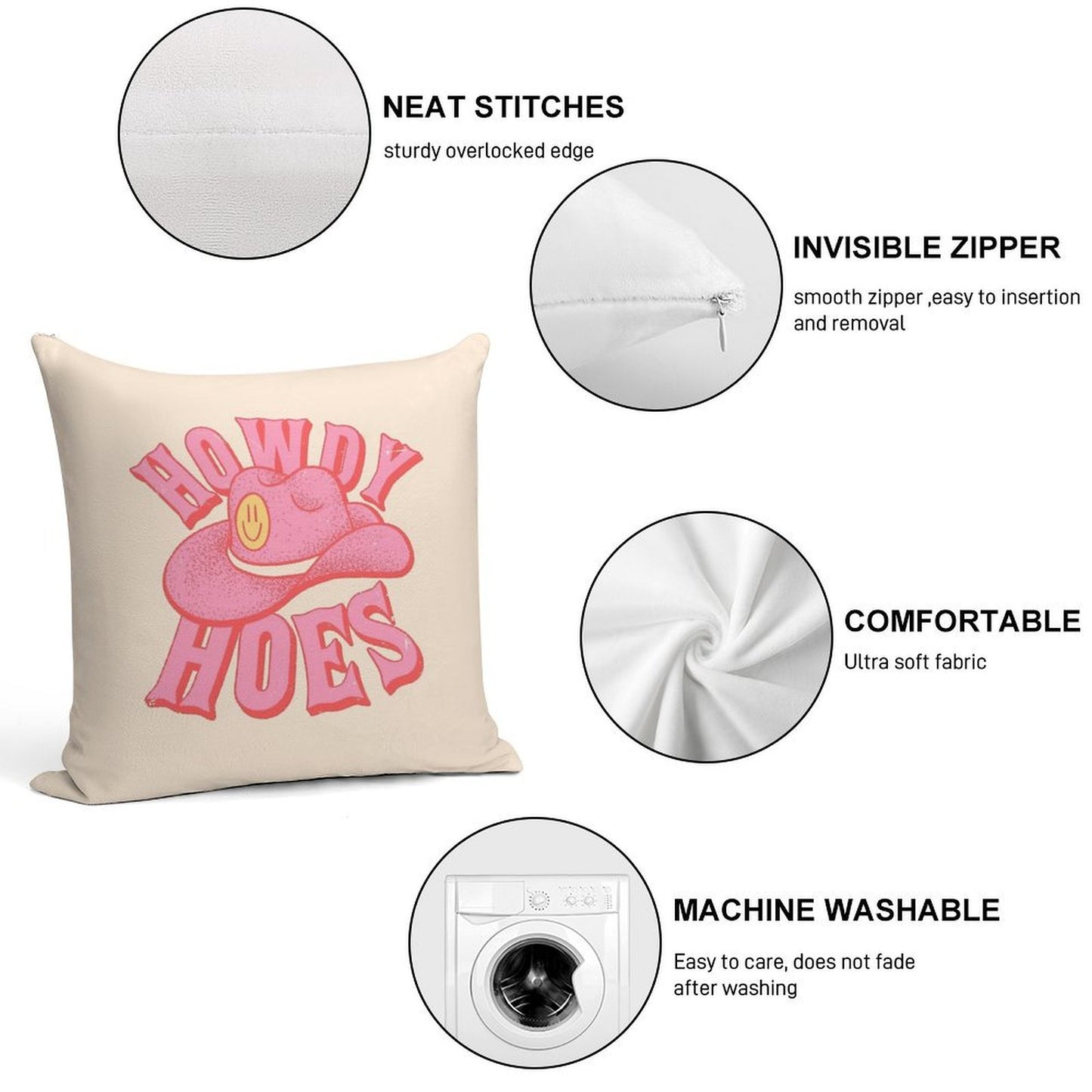 Howdy Hoes  Pink Cowboy Cowgirl Rodeo Hat Preppy Aesthetic  MEME HOWDY Y'ALL  White Background Soft Decorative Cover Throw Pillow