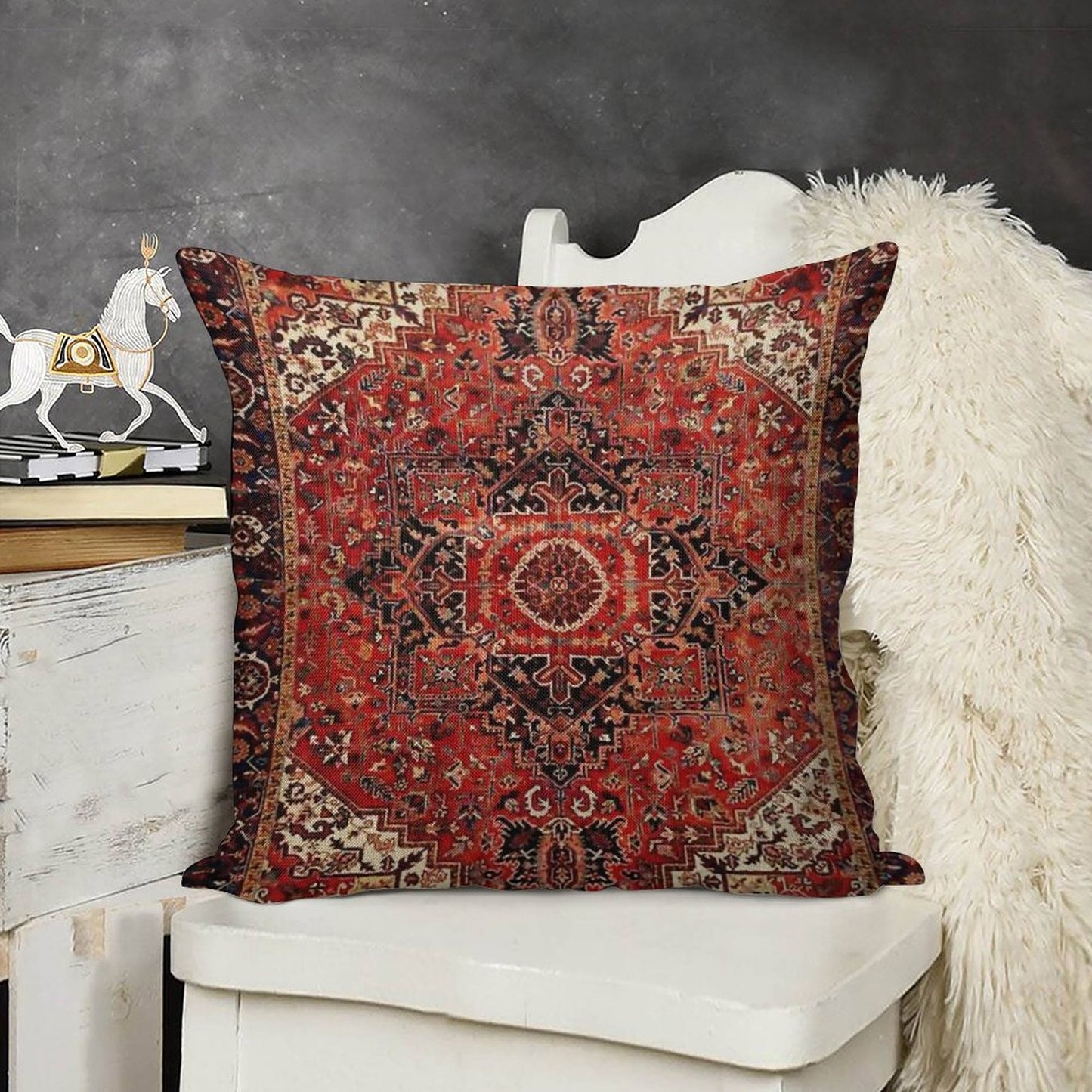 Heriz Antique Vintage Boho Persian Carpet Print Linen Throw Pillow Cover