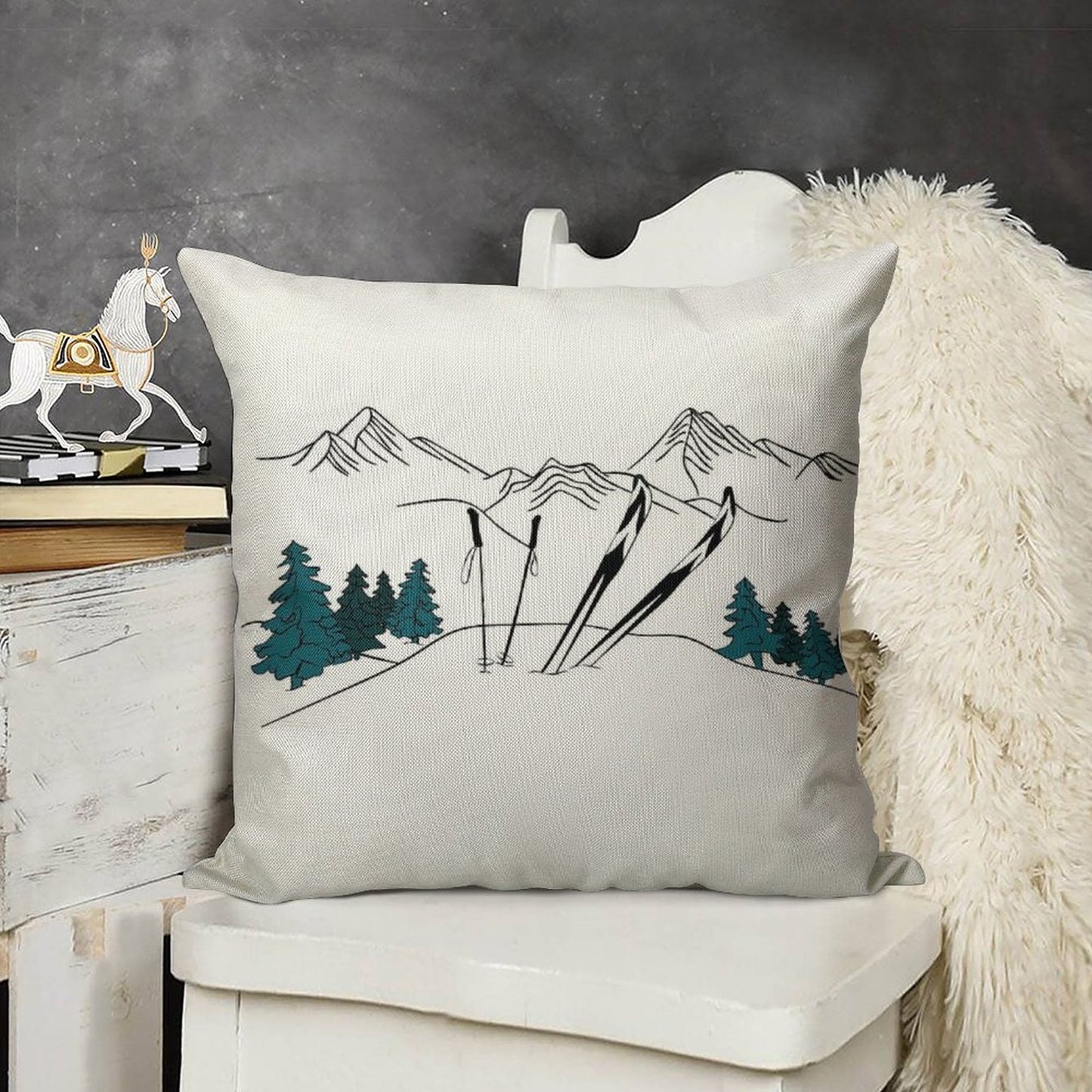 Ski You Later Winter Sports Scene Linen Throw Pillow Cover