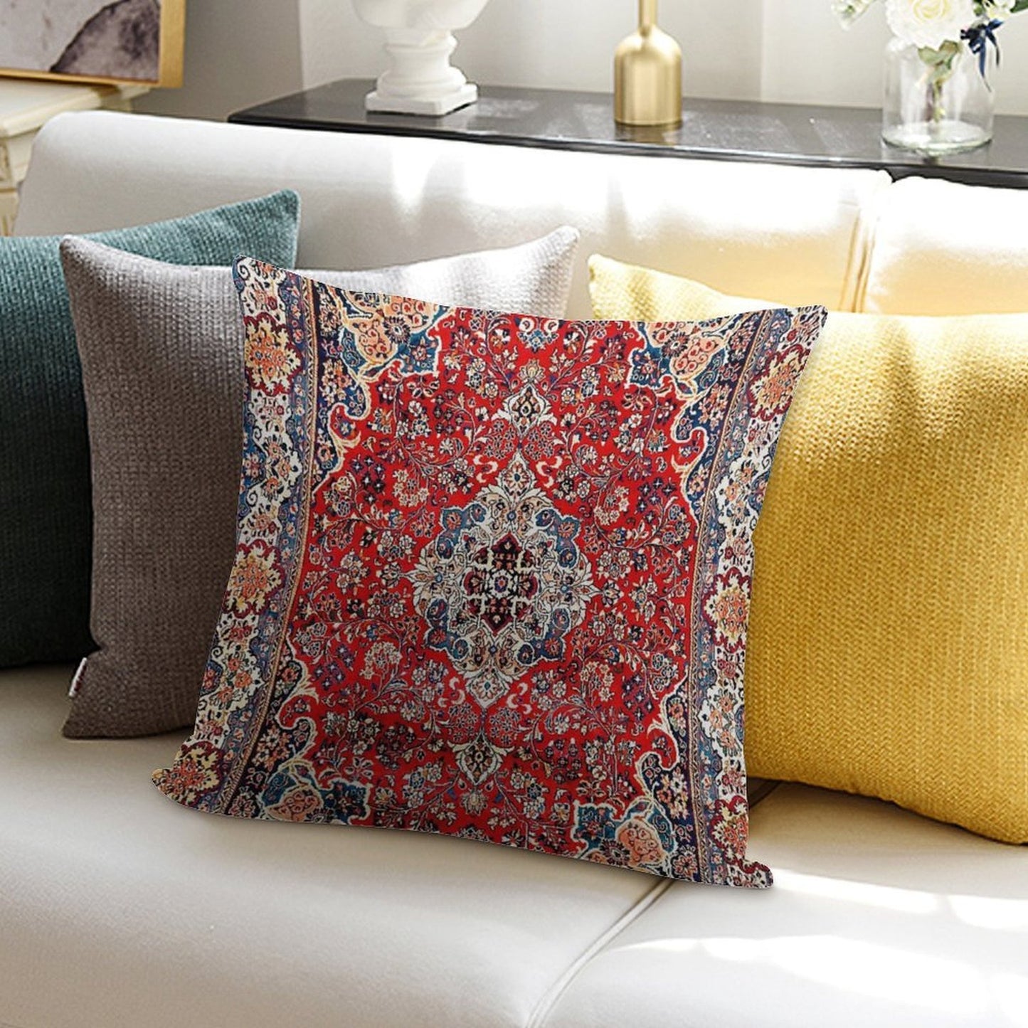 Red Blue Sarouk Persian Carpet Print Soft Durable Construction Throw Pillow