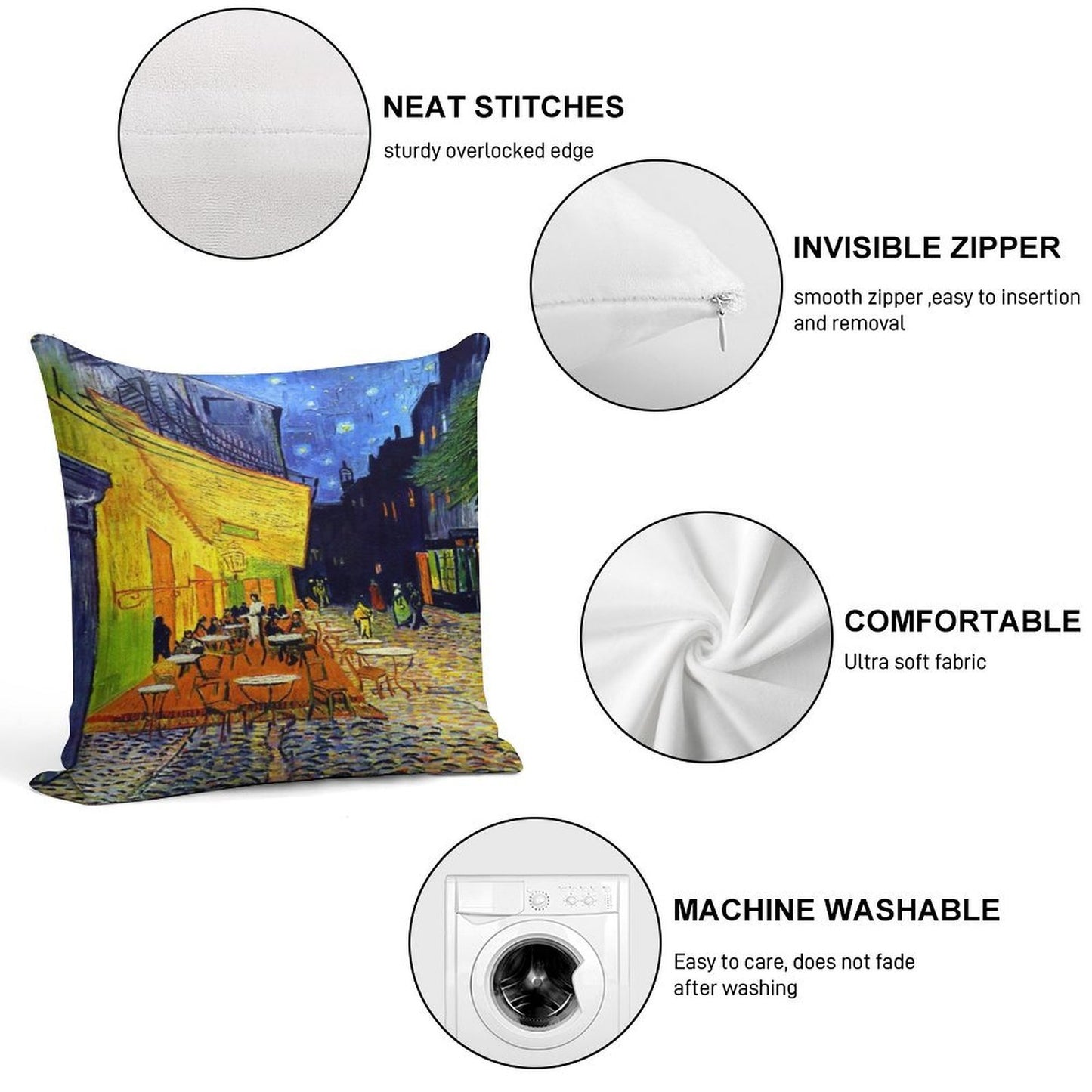 Cafe Terrace at Night - Van Gogh Soft Reinforced Edging Throw Pillow
