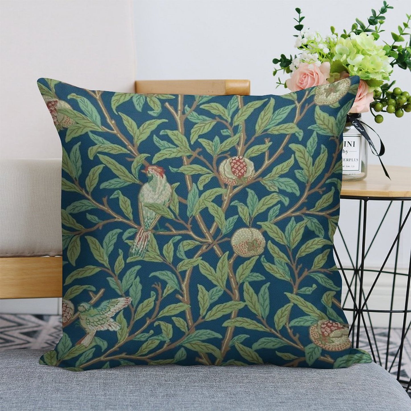 William Morris Pomegranate Fruit And Bird,No,01. Linen Throw Pillow Cover
