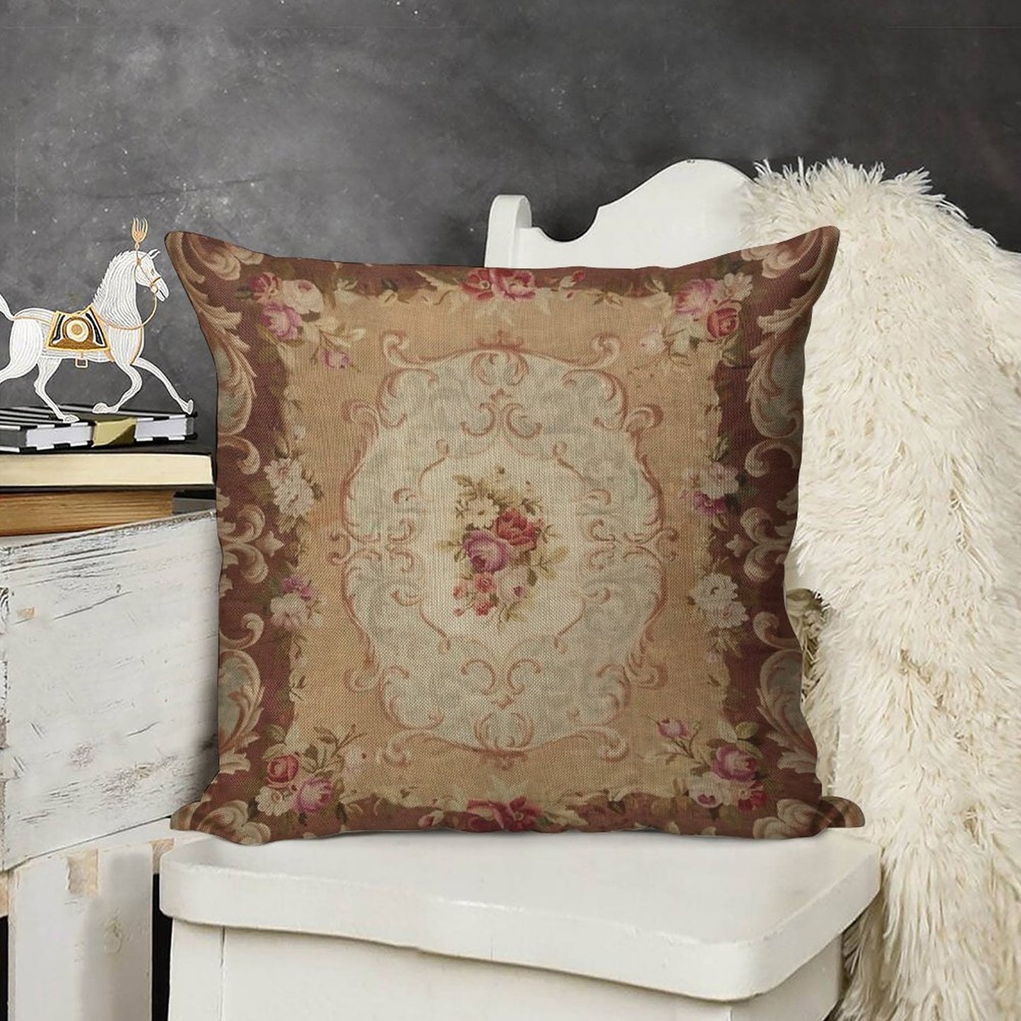 Antique Rose Floral French Aubusson Rug Print Linen Throw Pillow Cover