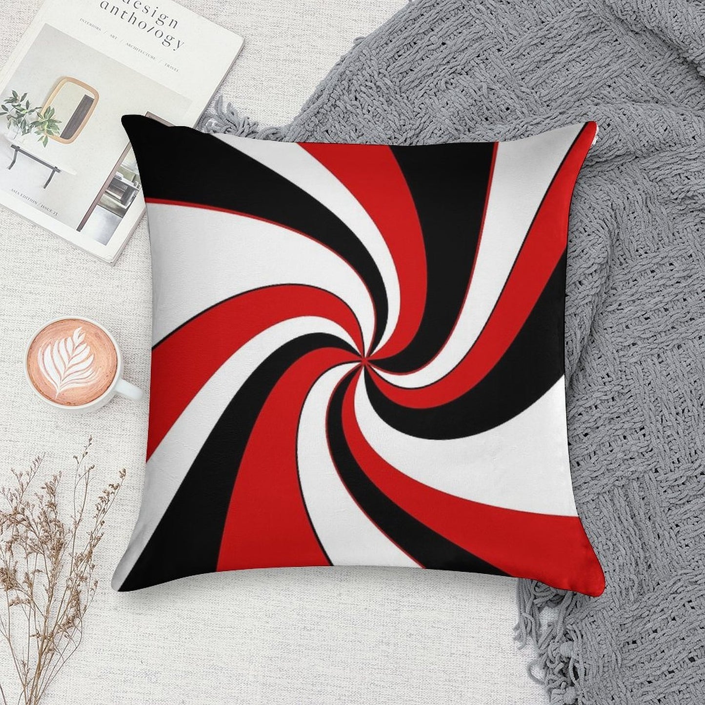 Red, Black And White Twist Design Soft Multiple Sizes Throw Pillow