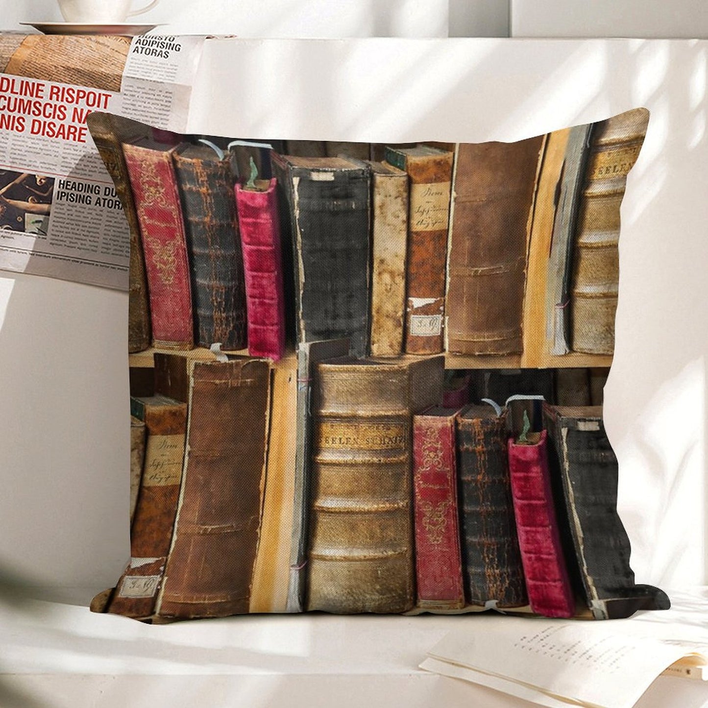 Bookworm Vintage Books in Bookshelf Linen Throw Pillow Cover