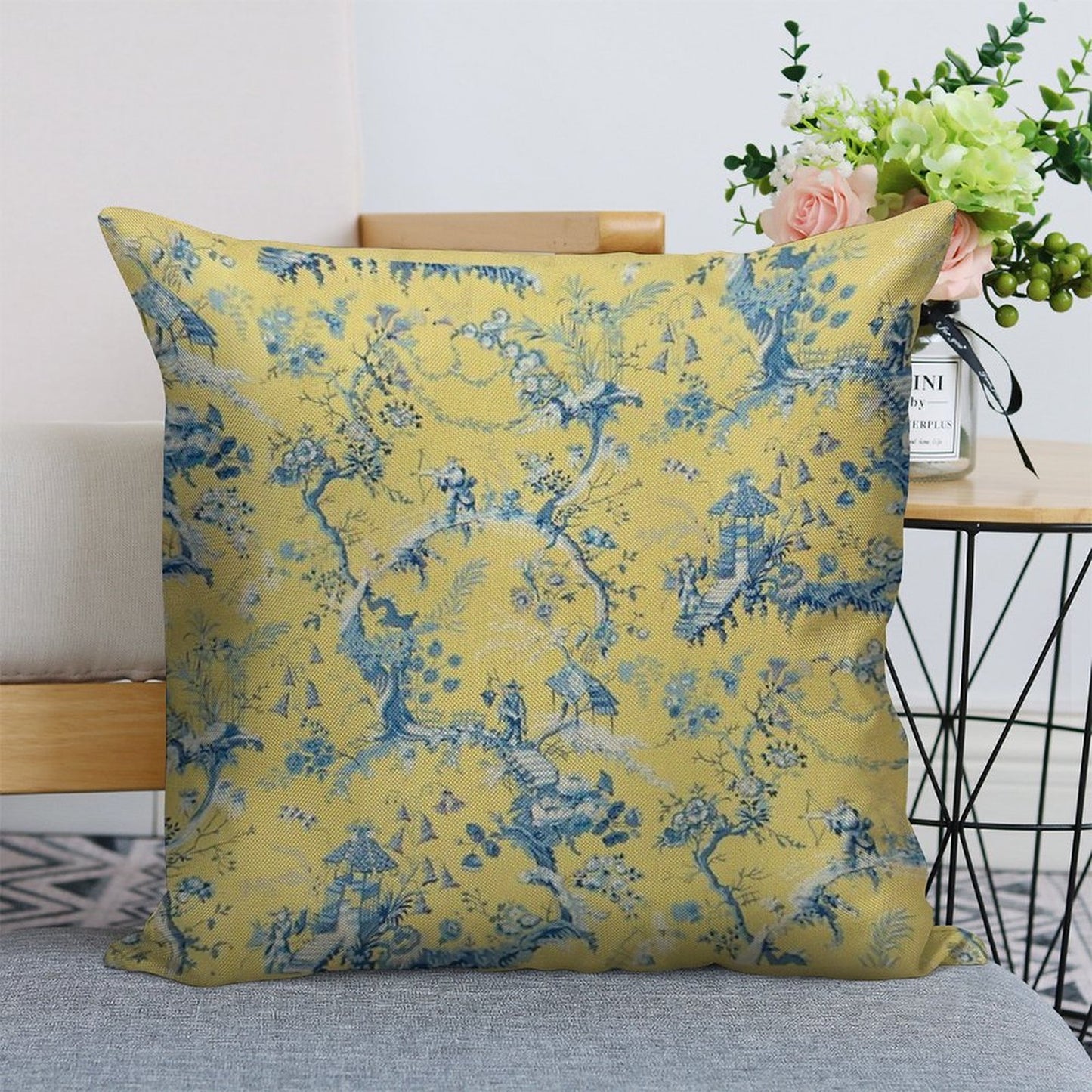 Blue And Yellow Toile Linen Throw Pillow Cover