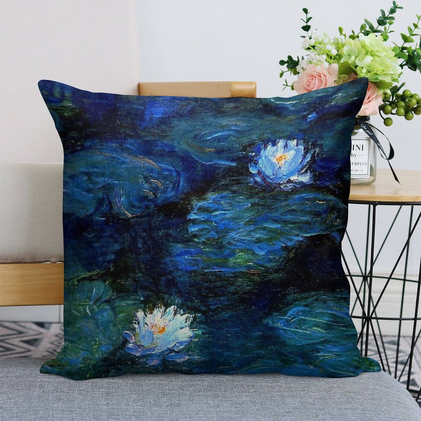 Water Lilies Monet Deep Blue Linen Throw Pillow Cover