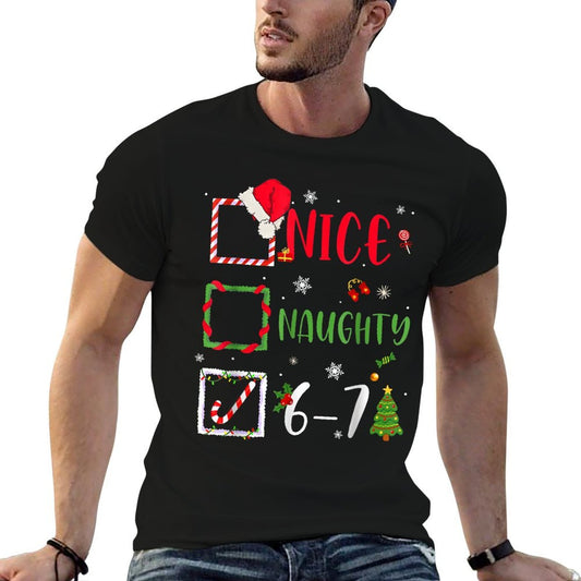 Funny 6-7 Meme Nice Naughty 67 Christmas Brain Rot Eco-friendly Material T-Shirt