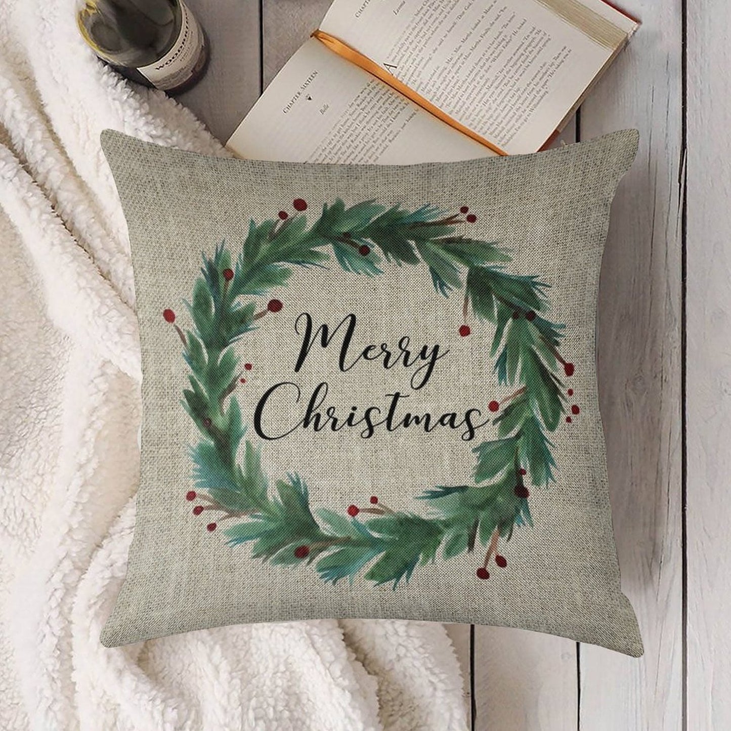 Christmas Wreath Linen Throw Pillow Cover