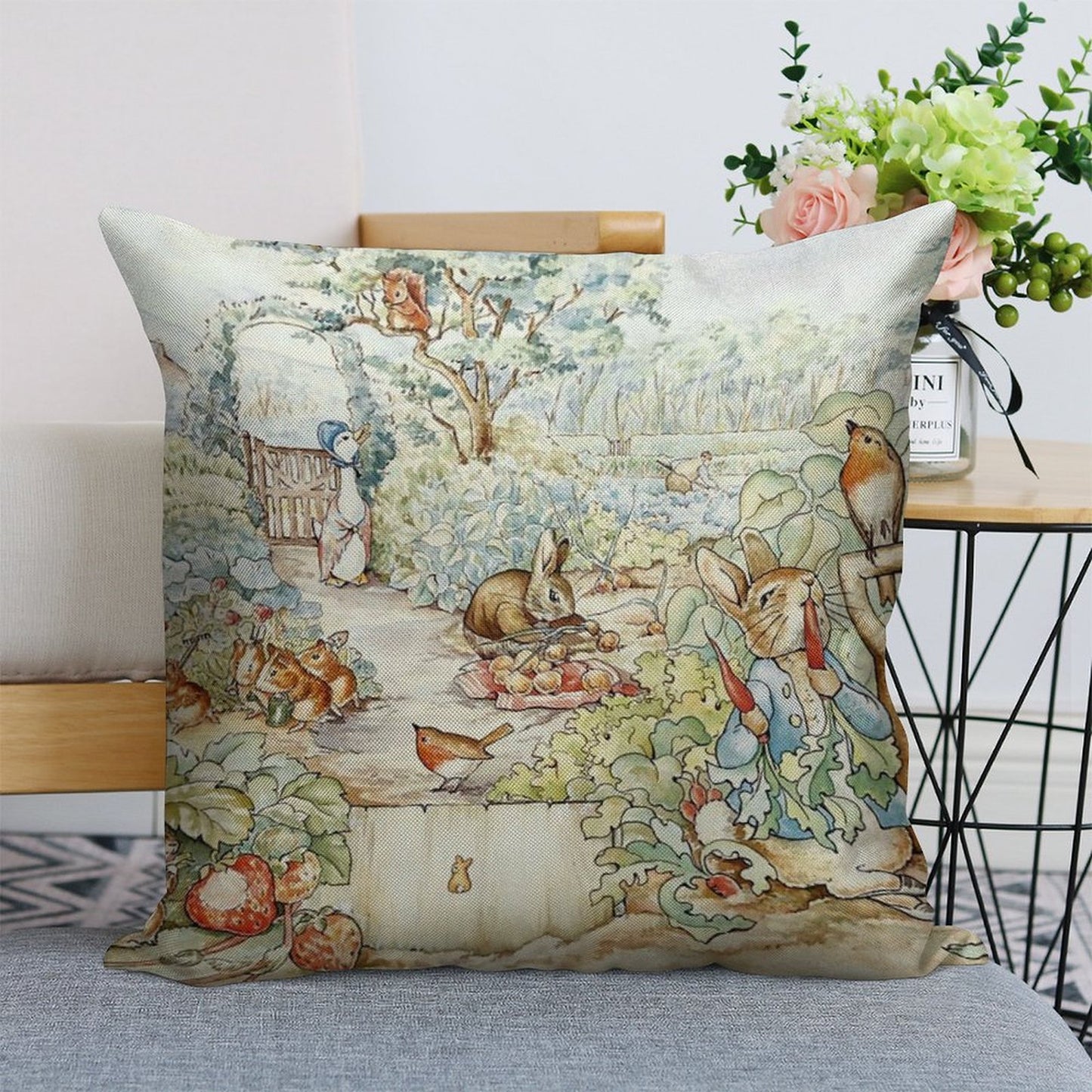Beatrix Potter Storybook Characters in Garden Linen Throw Pillow Cover