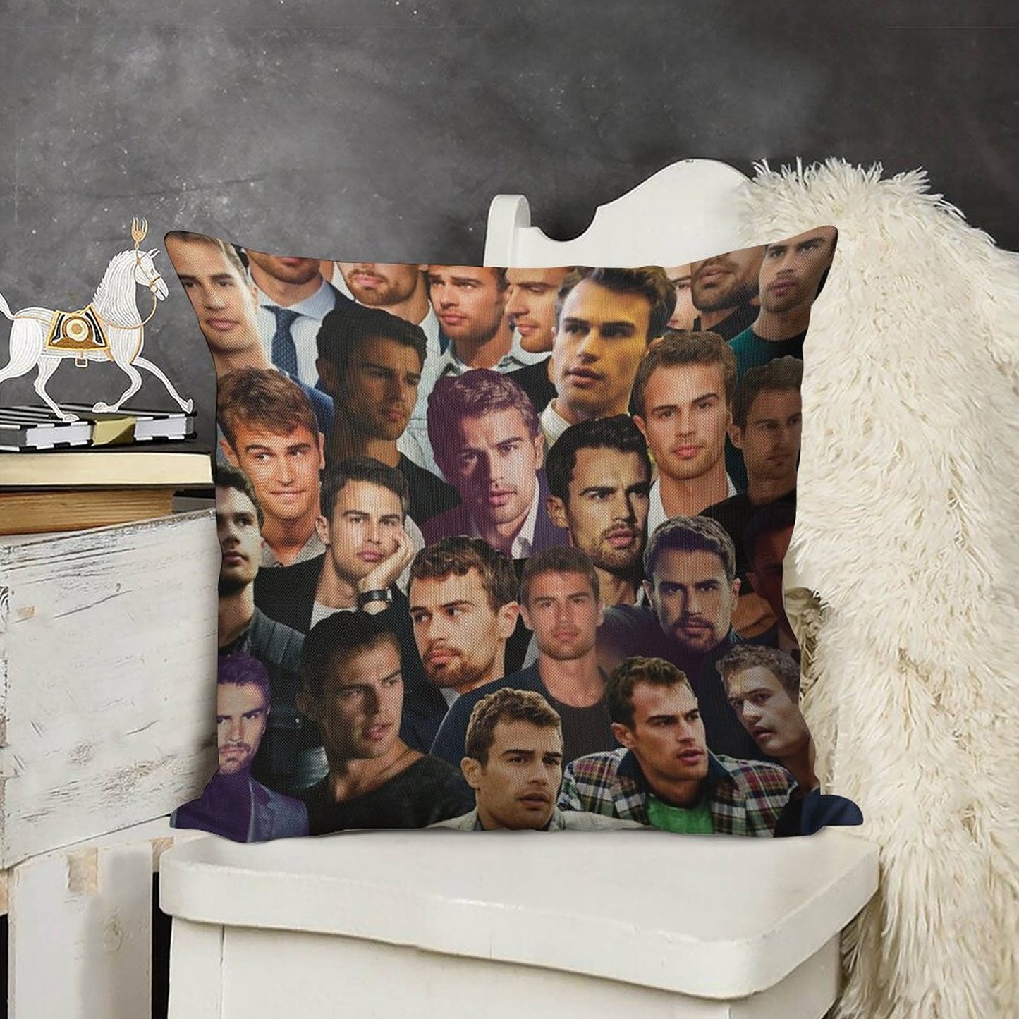 Theo James Photo Collage Linen Throw Pillow Cover