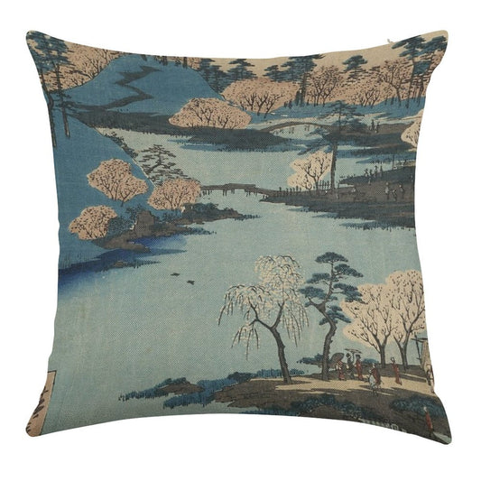 Vintage 1800's Japanese River Landscape Art Linen Throw Pillow Cover