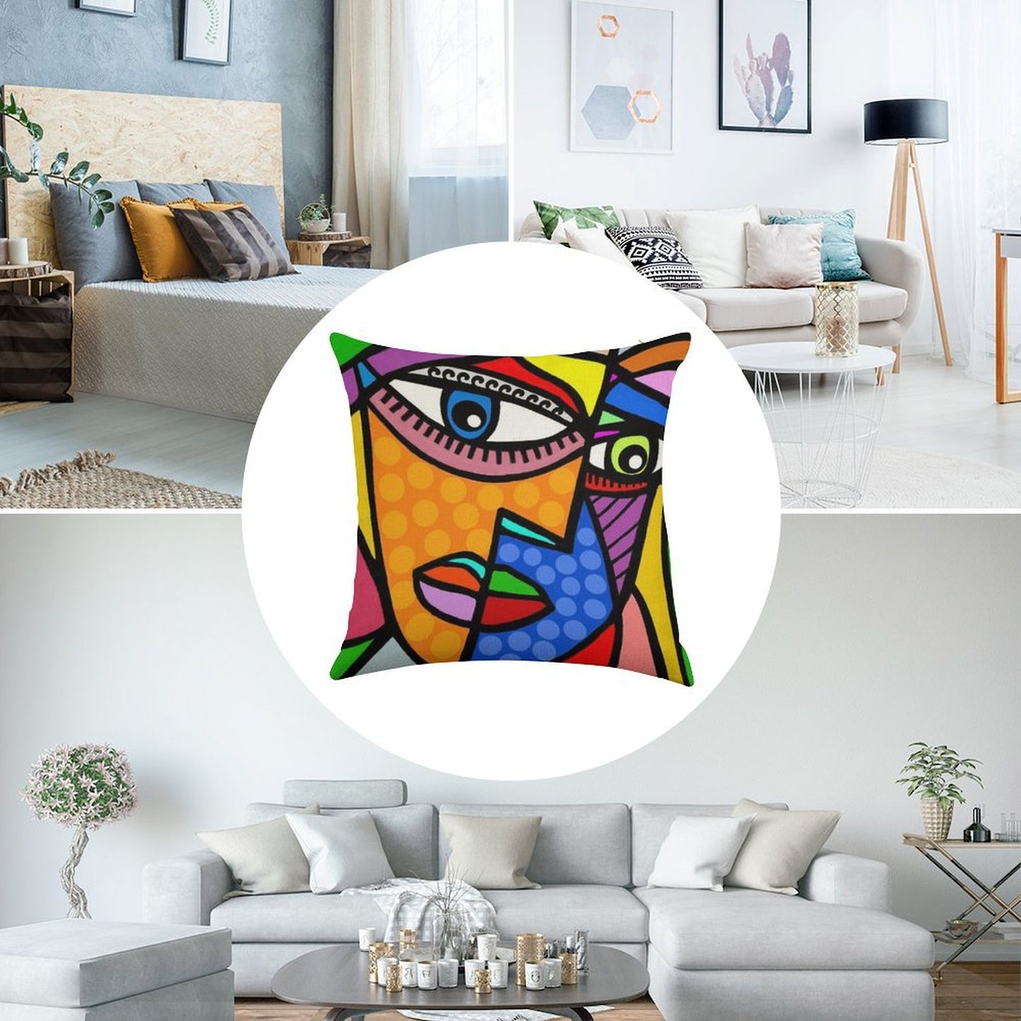 Funky Abstract Style Art Face with Dots And Stripes Linen Throw Pillow Cover