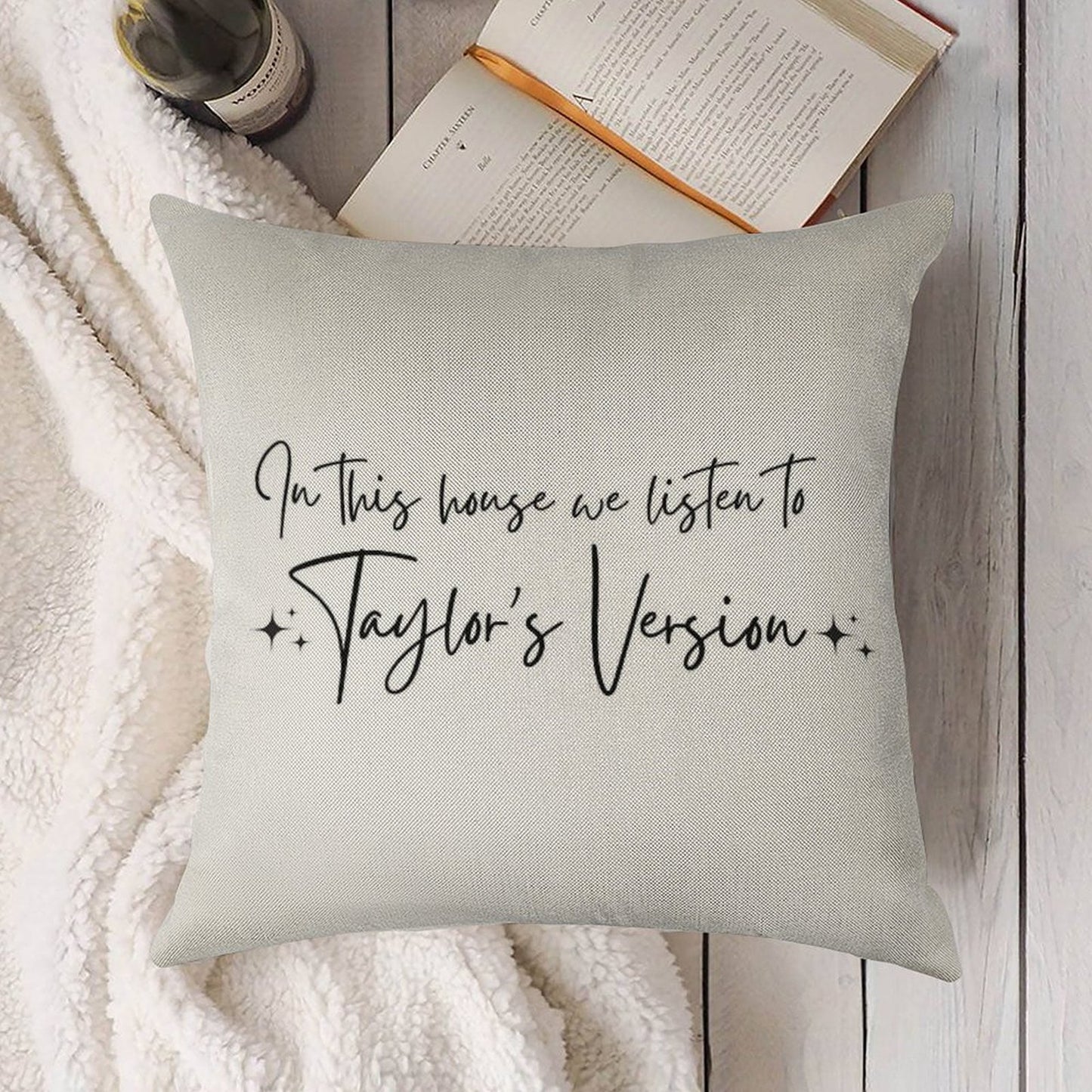 In This House We Listen to Taylor's Version Linen Throw Pillow Cover