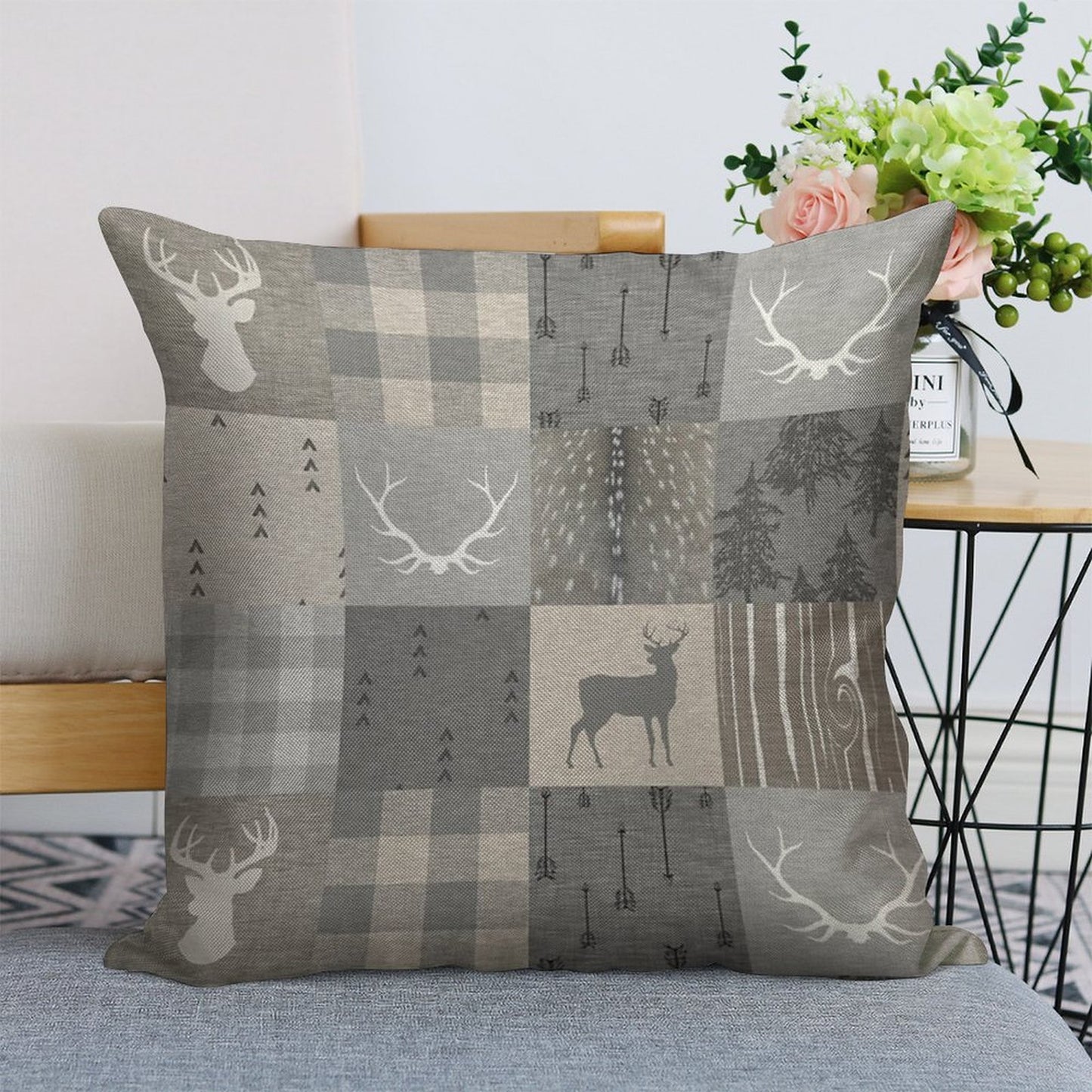 Rustic Woodland Patchwork - Grey And Beige Linen Throw Pillow Cover