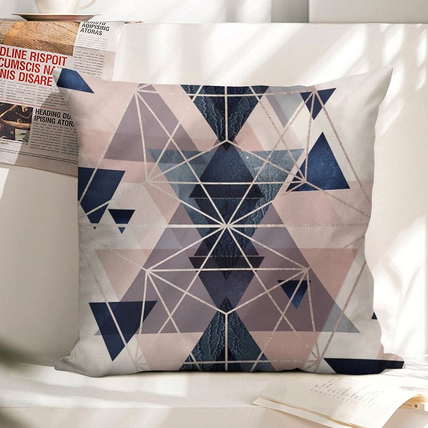 Blush Navy Geometric Linen Throw Pillow Cover