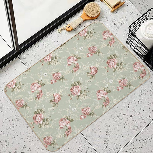 Vintage Blush Roses - Sage Green Background Bath Mat