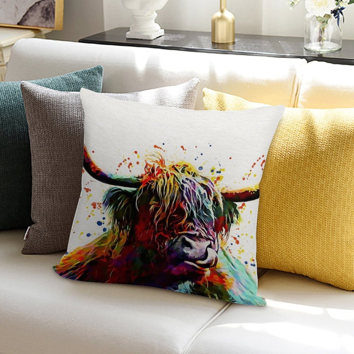 Highland Cow Watercolor Art Work Soft Durable Construction Throw Pillow