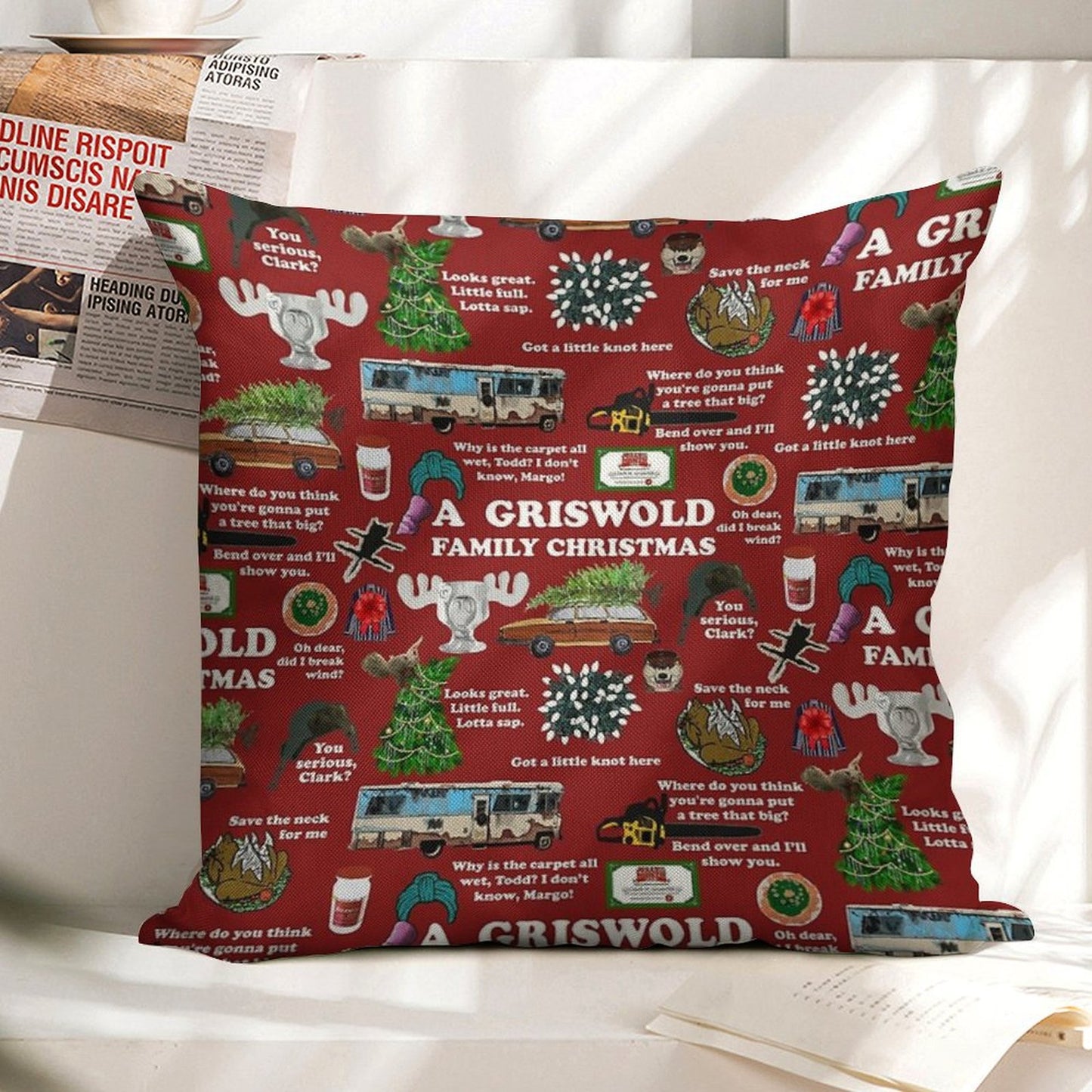 Christmas Vacation Collage Linen Throw Pillow Cover