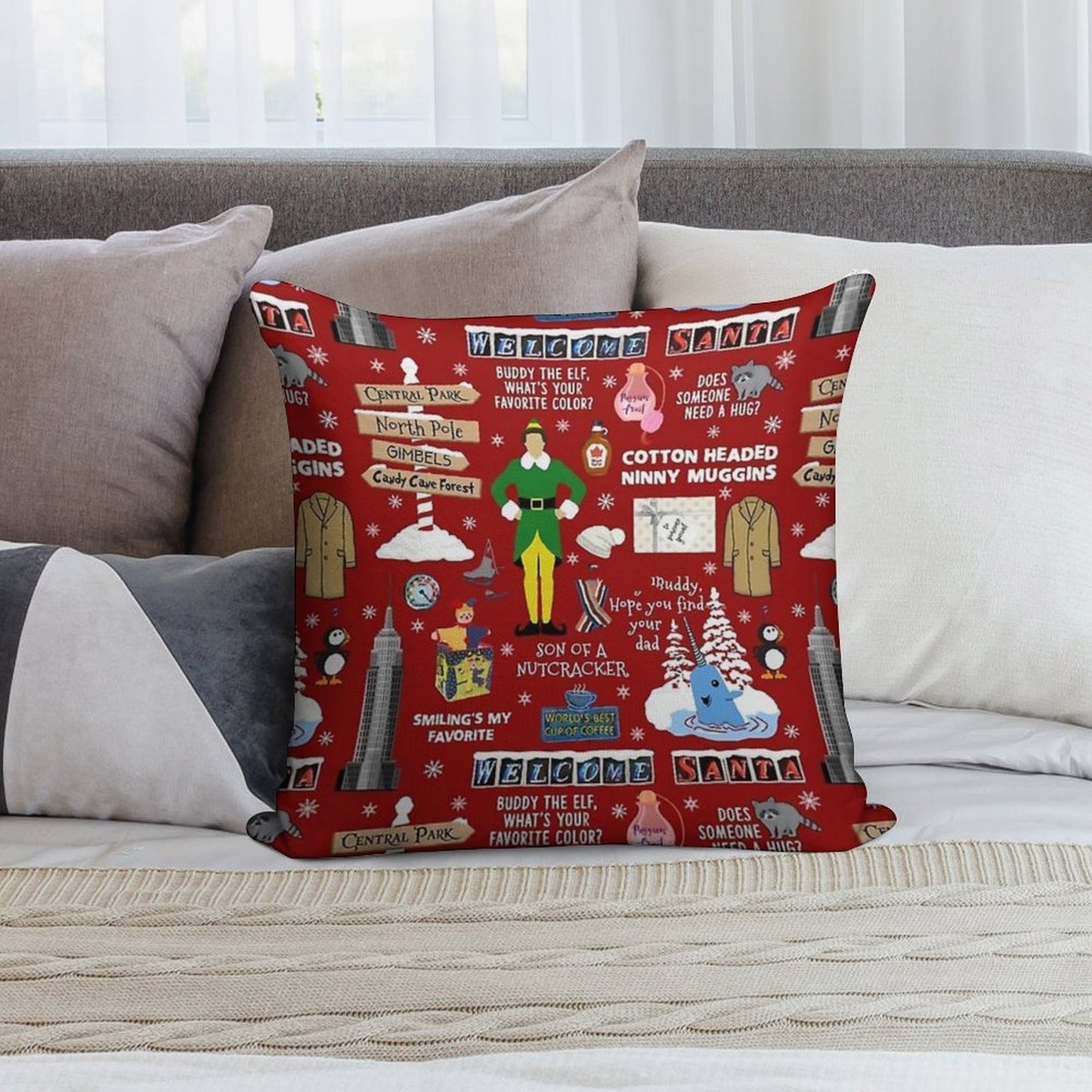 Buddy The Elf Collage, Red Background Soft Ultra-Soft Texture Throw Pillow