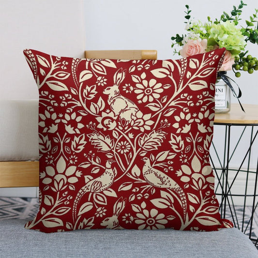 Pheasant And Hare Pattern, Deep Red And Cream Linen Throw Pillow Cover