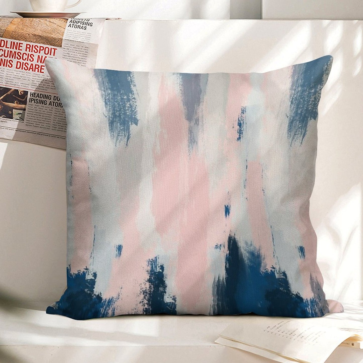 Abstract Blush And Blue Linen Throw Pillow Cover