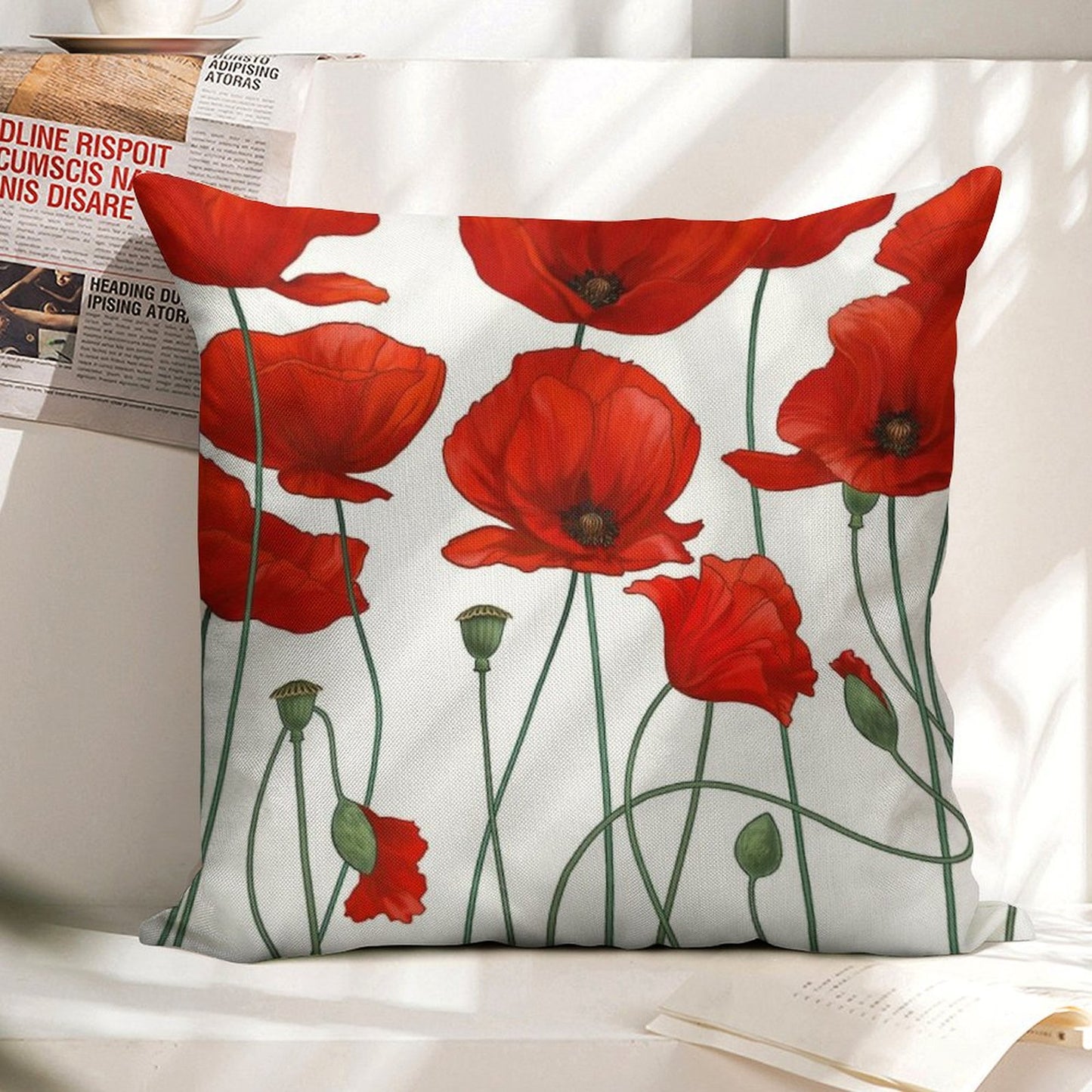 Poppy Stems. Linen Throw Pillow Cover