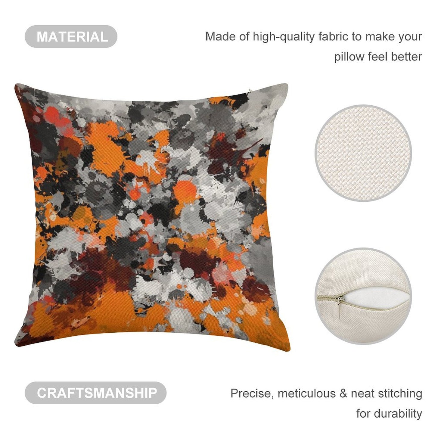 Orange And Grey Paint Splatter Linen Throw Pillow Cover