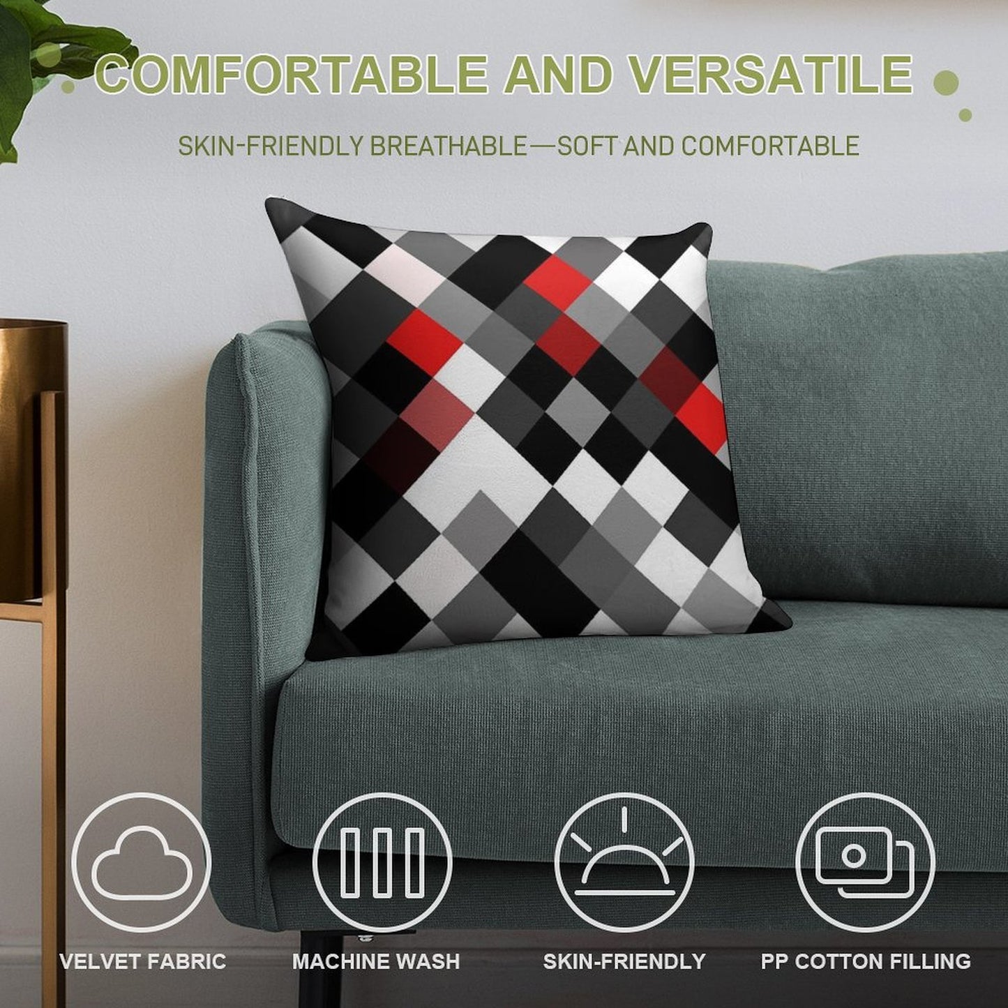 Bold Block Black White Red Diagonal Pattern Soft High-Density Material Throw Pillow