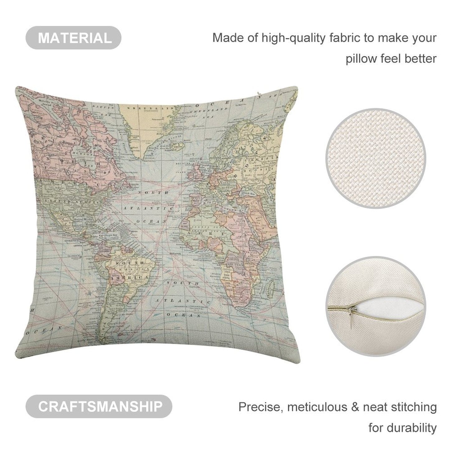 Vintage World Map Linen Throw Pillow Cover