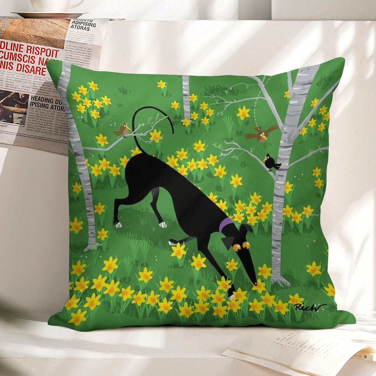 Daffodil Hound Linen Throw Pillow Cover