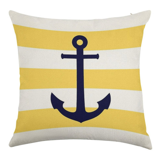 Nautical Navy Blue Anchor On Mustard Yellow Stripes Linen Throw Pillow Cover