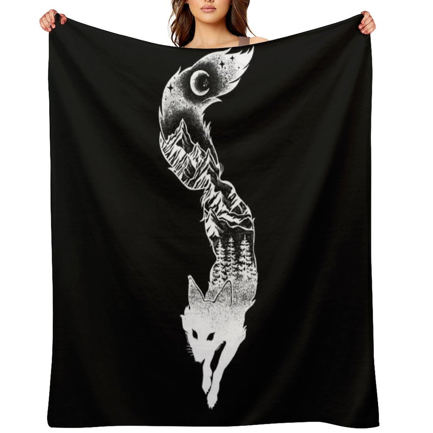 Fox Silhouette with Mountains, Trees & Moon T-Shirt Throw Blanket