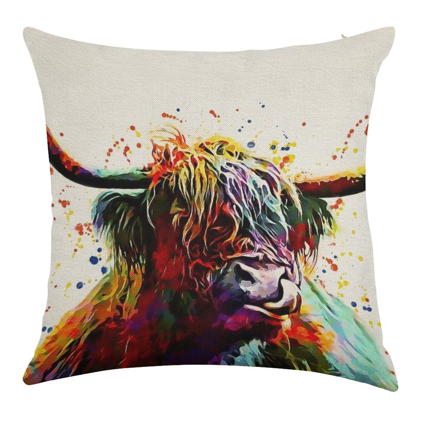 Highland Cow Watercolor Art Work Linen Throw Pillow Cover