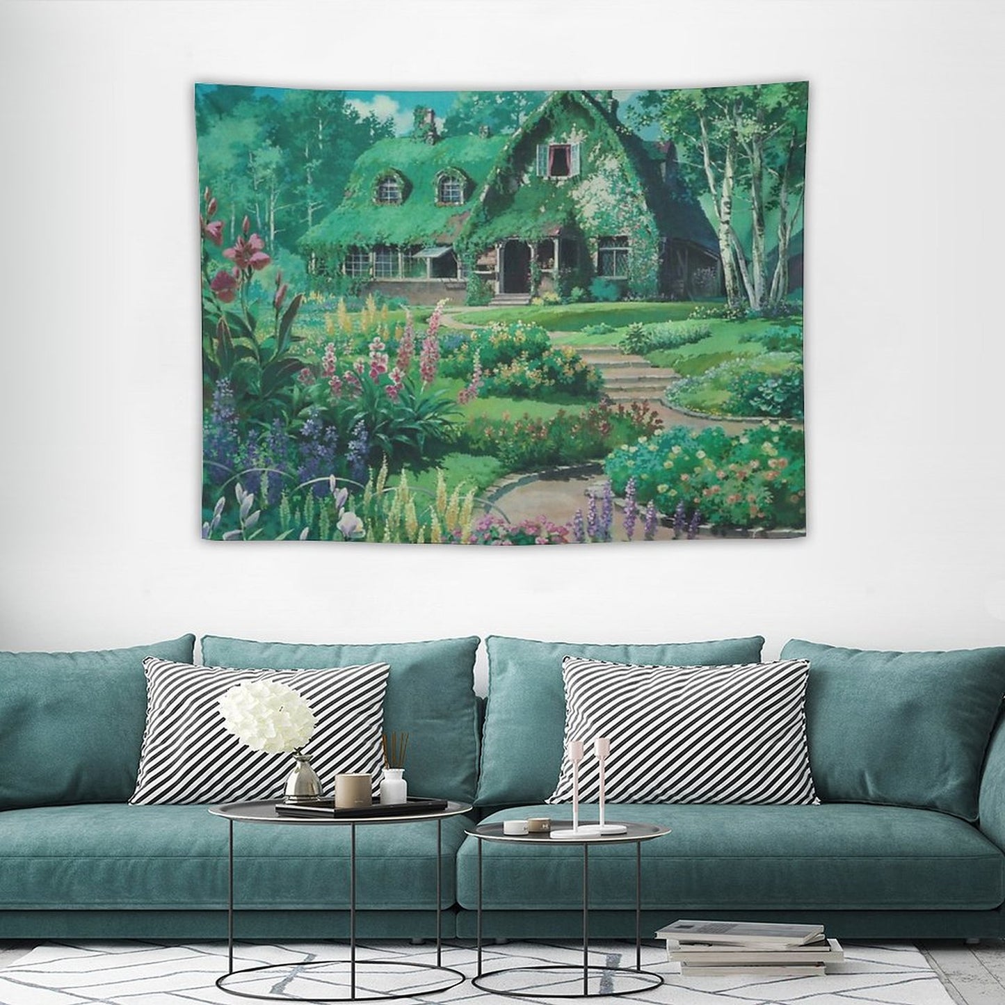 Anime Movie House with Flowers Scenery Tapestry