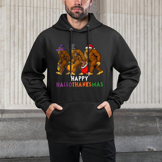 Hallothanksmas Bigfoot Halloween Thanksgiving Christmas Breathable Fabric Hoodie