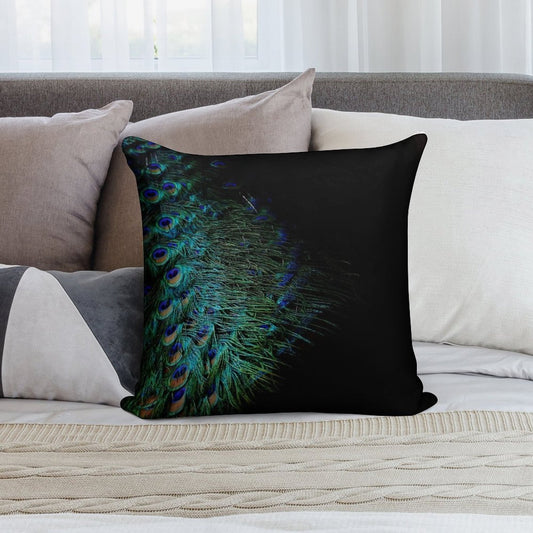 Peacock Feathers on A Black Background Soft Reinforced Edging Throw Pillow